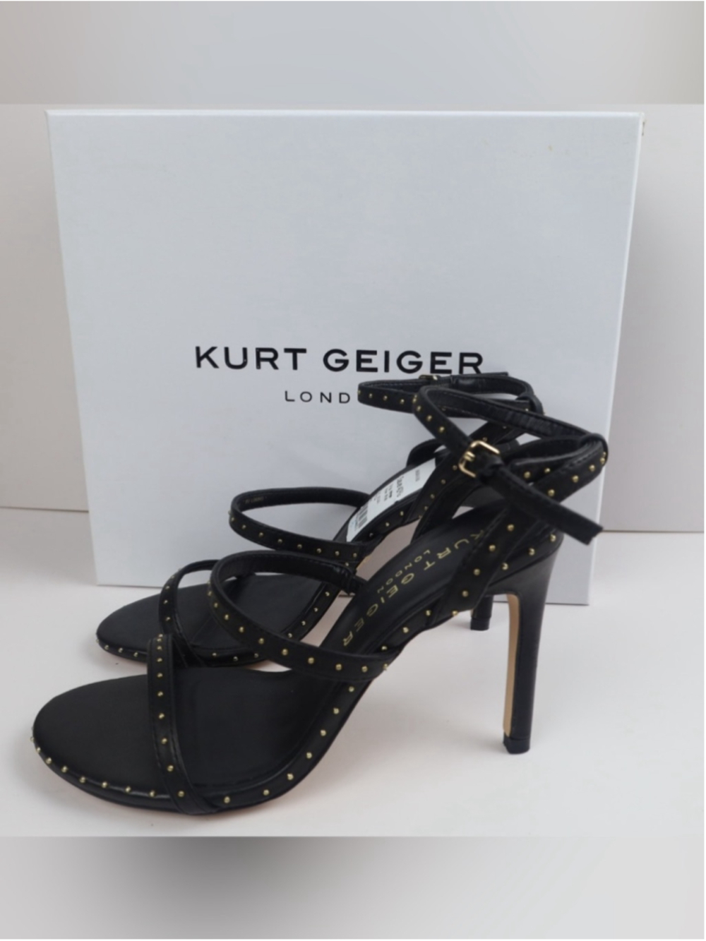 Kurt Geiger Portia Black Leather Gold Studded Strappy Heel Sandal -36.5/6.5 0511 - Picture 3 of 15